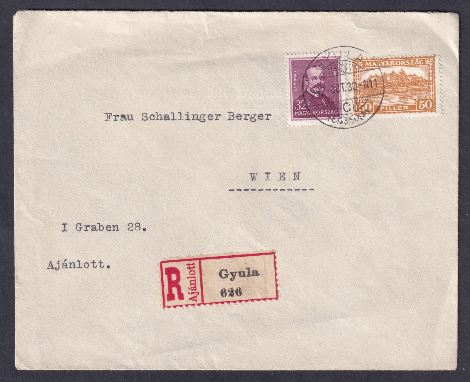 1932. Gyula, Bécebe feladott ajánlott levél