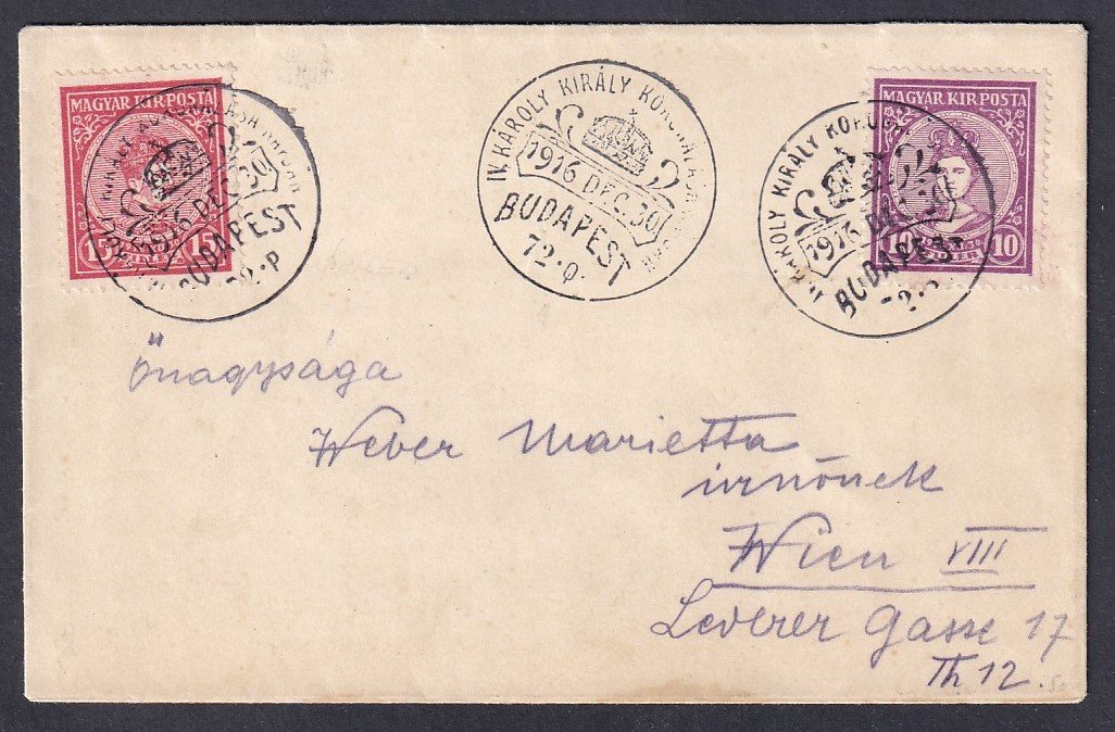 1916. Koronázási alkalmi bélyegzéssel Bécsbe feladott levél - Koronázás pár FDC