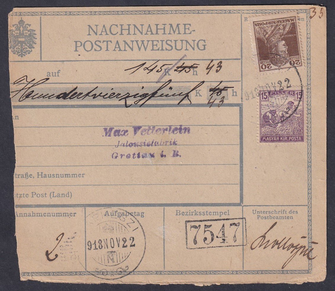 1919. PAPKESZI, NACHNAHME POSTANWEISUNG” – Osztrák utánvételi postautalvány Grottau (ausztria)-ba feladva