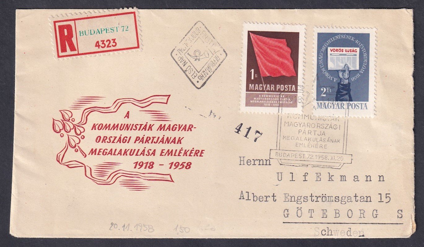 1958. Kommunisták magyarországi pártja FDC - Svédországba feladott ajánlott levélként