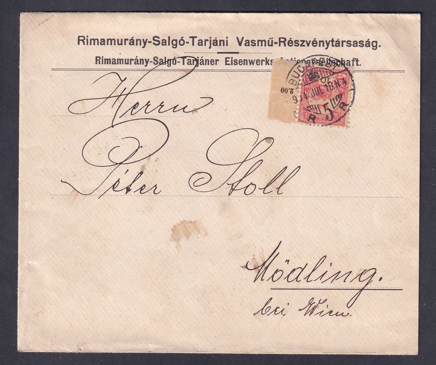 1904. Budapest, Mödling-be feladott levél - levélzáró pecsét bélyeggel