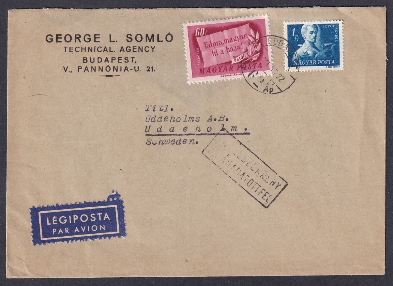 1948. Budapest, Uddeholm (Svédország)-ba feladott légiposta levél