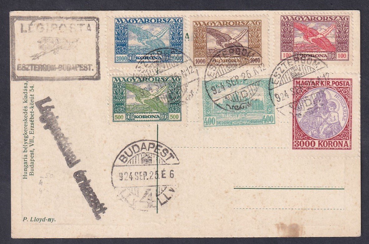 1924. Esztergom, Budapestre feladott légiposta levelezőlap - "Magyar-ritkaságok" bélyeges képeslap