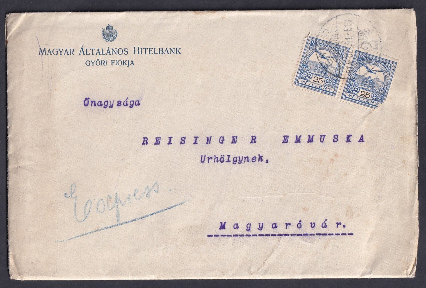 1914. Győr, Magyaróvárra feladott expressz levél teljes tartalommal, levélzáró pecsét bélyeggel