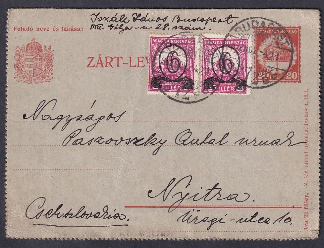 1932. Budapest, Nyitra (Csehszlovákia)- ba feladott Zárt-Levelezőlap - kisegítő bélyeggel díjkiegészítve