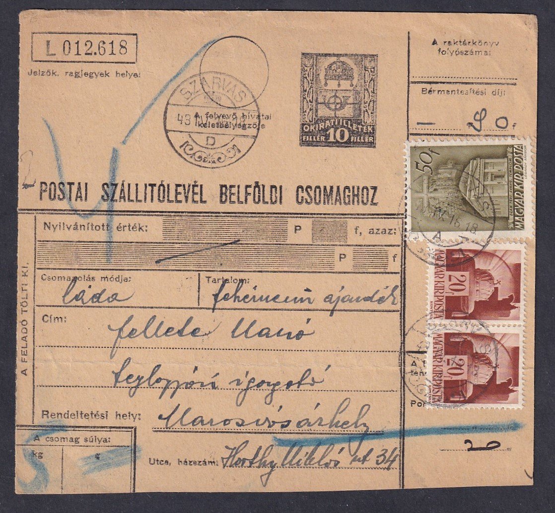 1943. Szarvas, Marosvásárhelyre feladott szállítólevél - ritkább desztináció