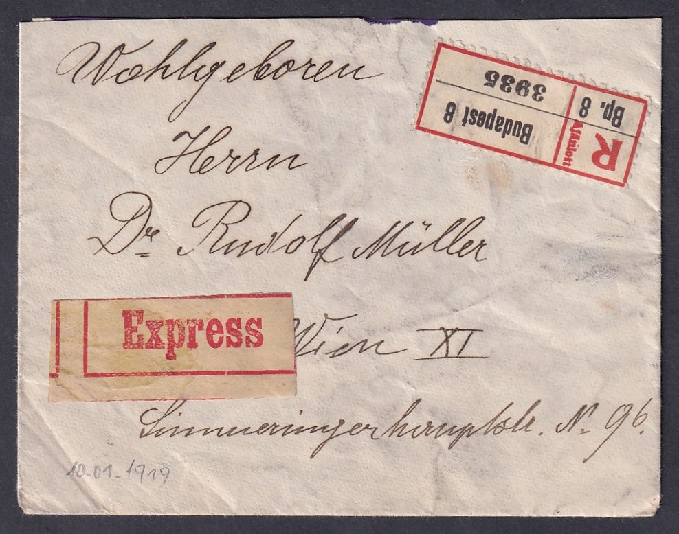 1919. jan. 10. (Köztársaság idején) Bécsbe feladott expressz-ajánlott levél (kis alakú)
