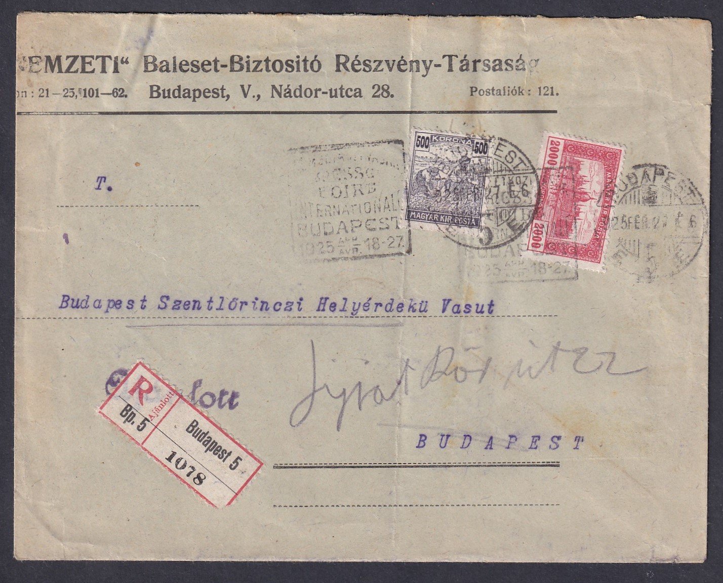 1925. (15. dsz.) Budapest, helyi ajánlott levél