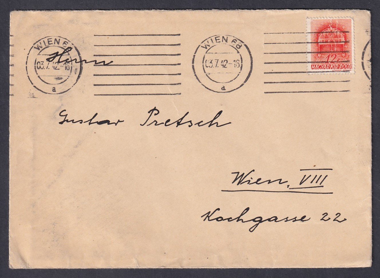 1942. WIEN - megfejtendő darab, vagy magyar bélyeget használtak, vagy érkezéskor érvénytelenítették - ez utóbbi a valószínűbb