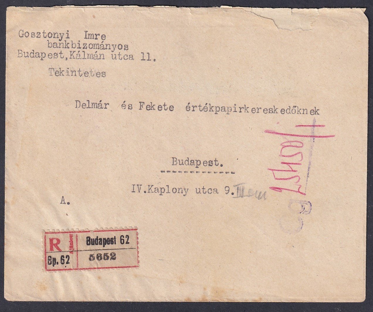 1925. (15. d.sz.) Budapest, helyi ajánlott levél