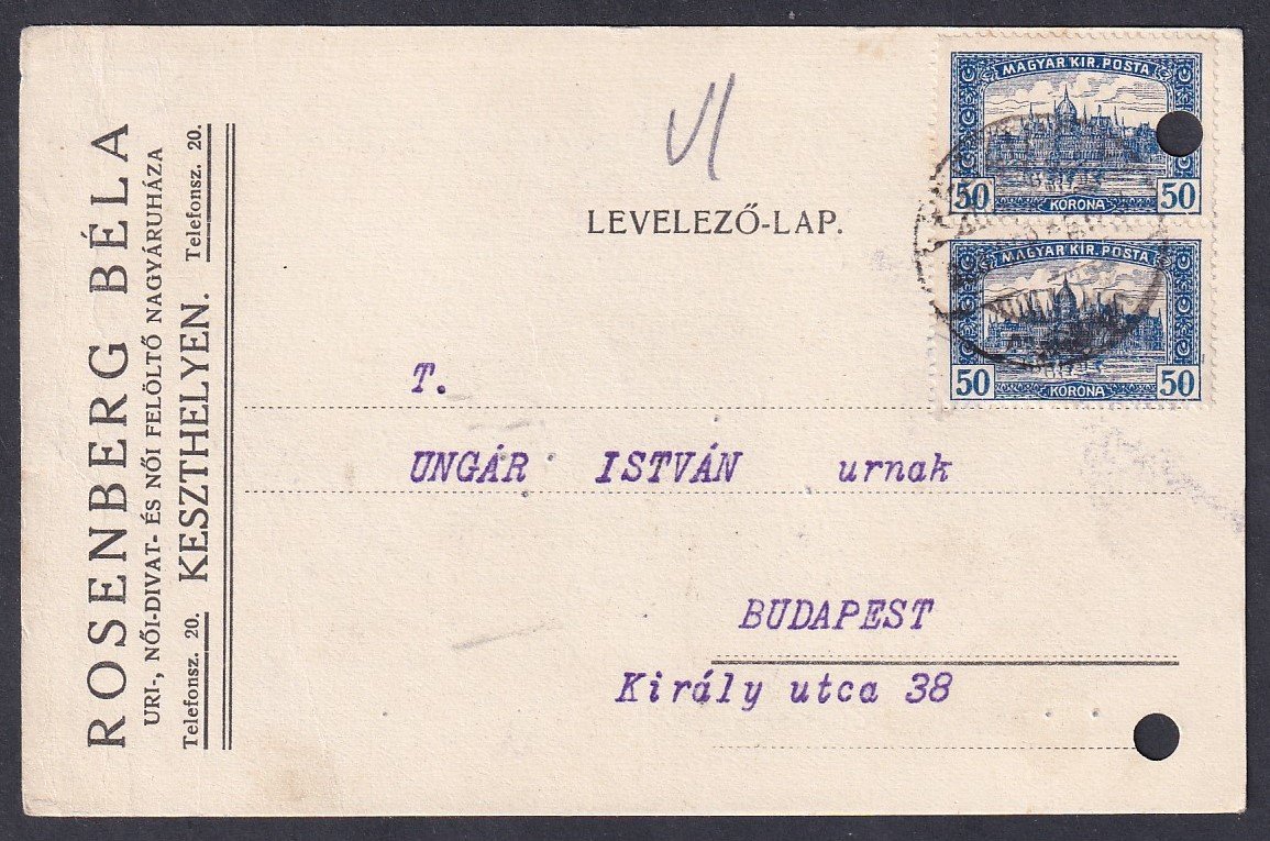 1923. (9. d.sz.) Keszthely Buapestre feladott céges levelezőlap
