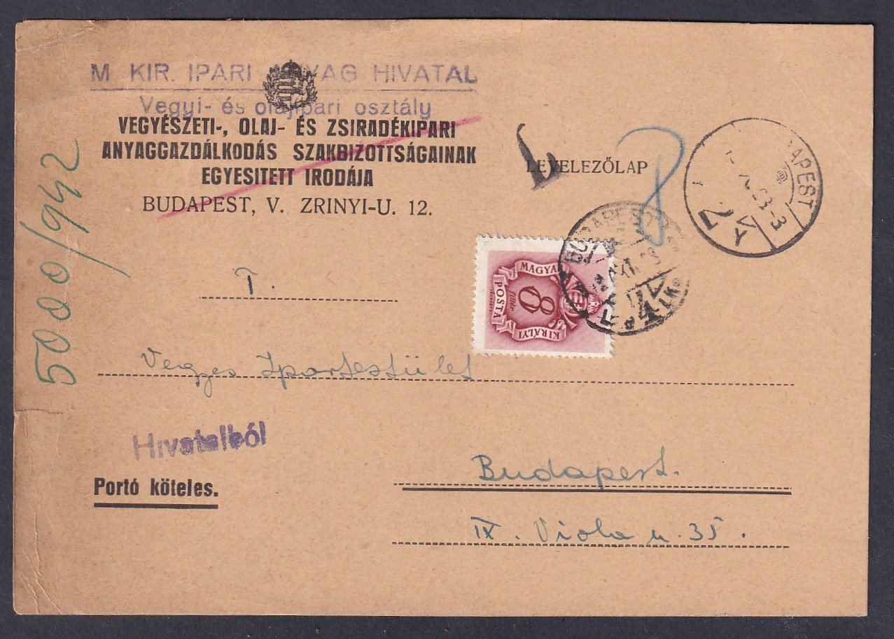 1942. Budapest, helyi portóköteles levelezőlap