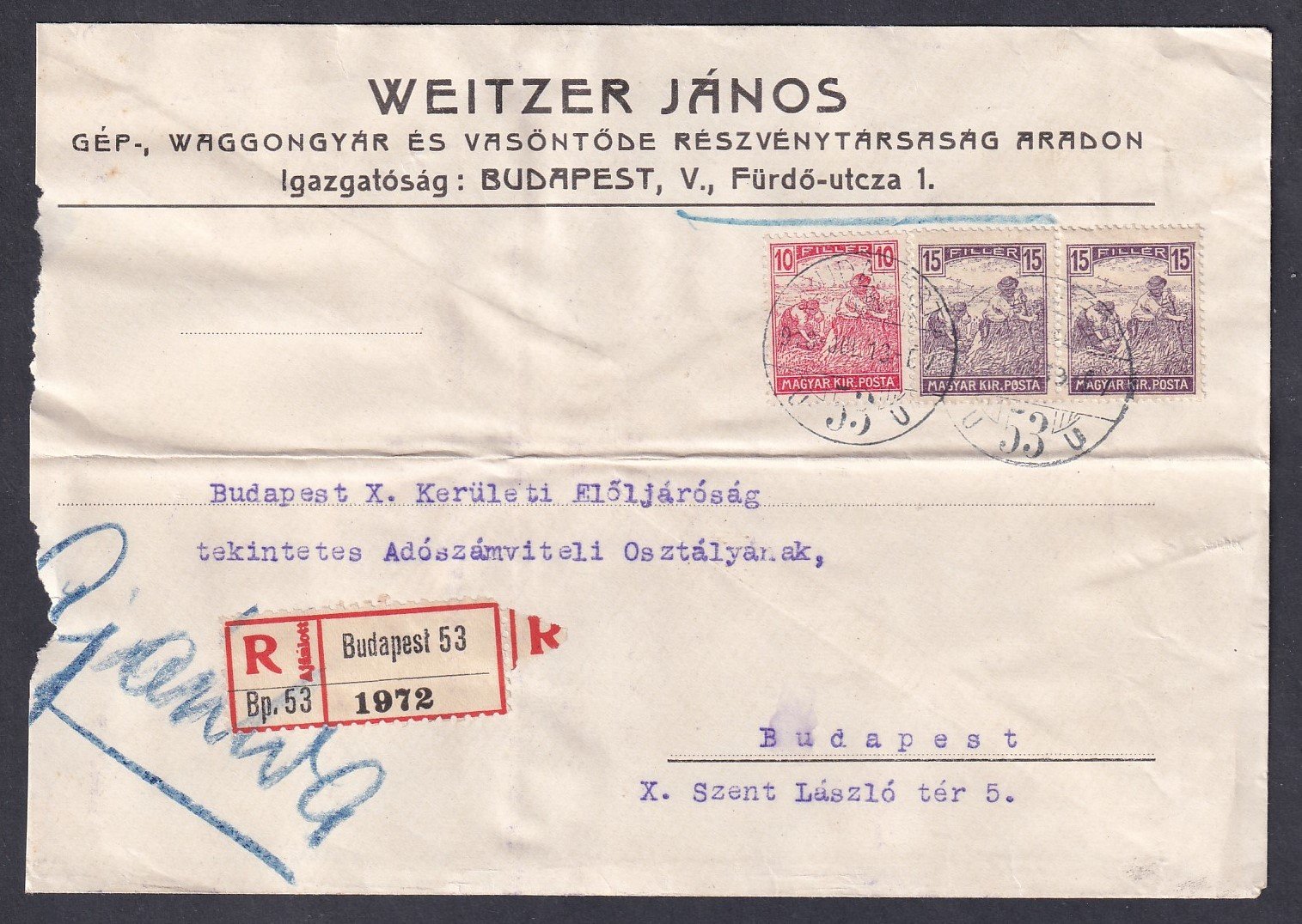 1919. Budapest, helyi ajánlott levél