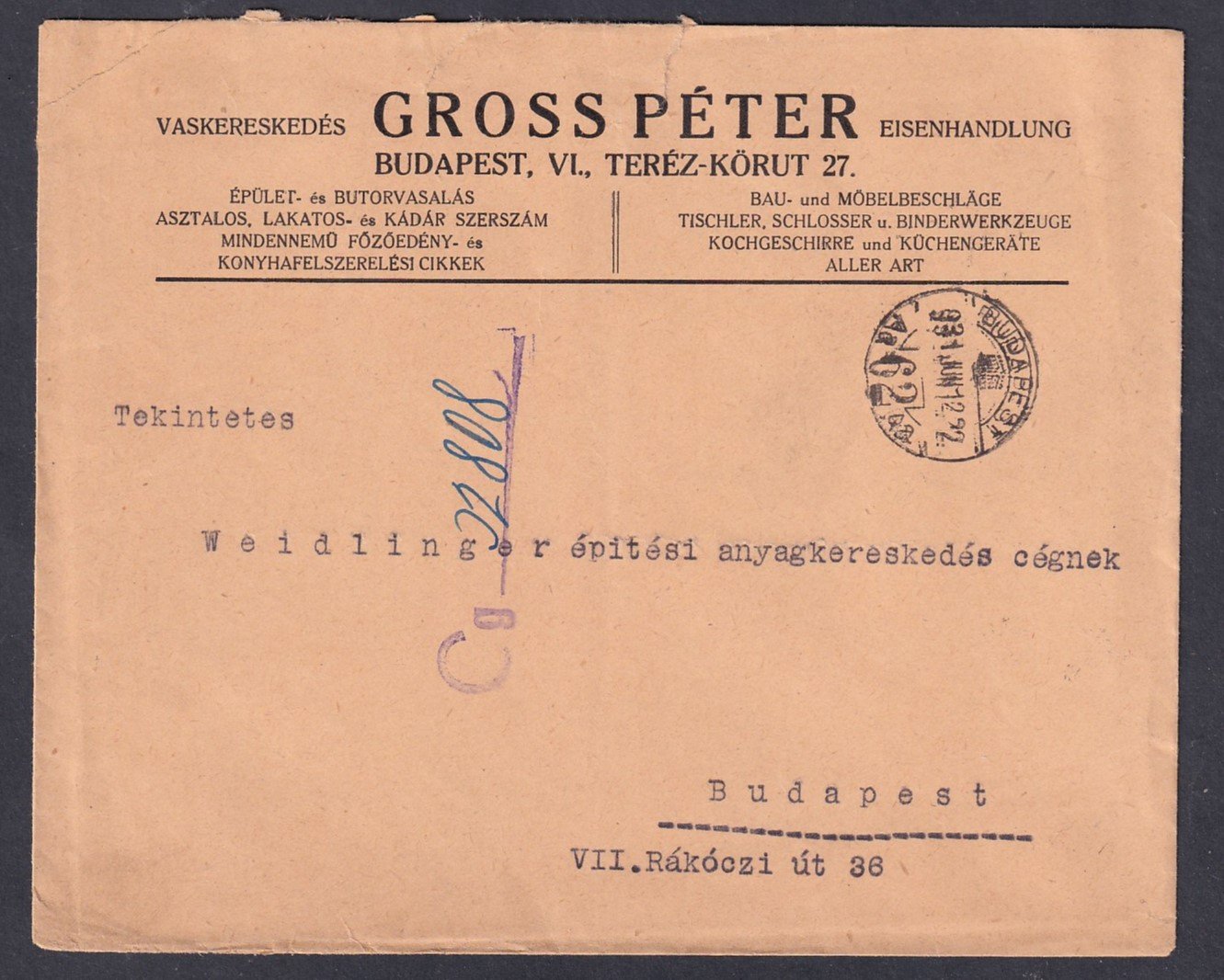 1931. Budapest, helyi levél