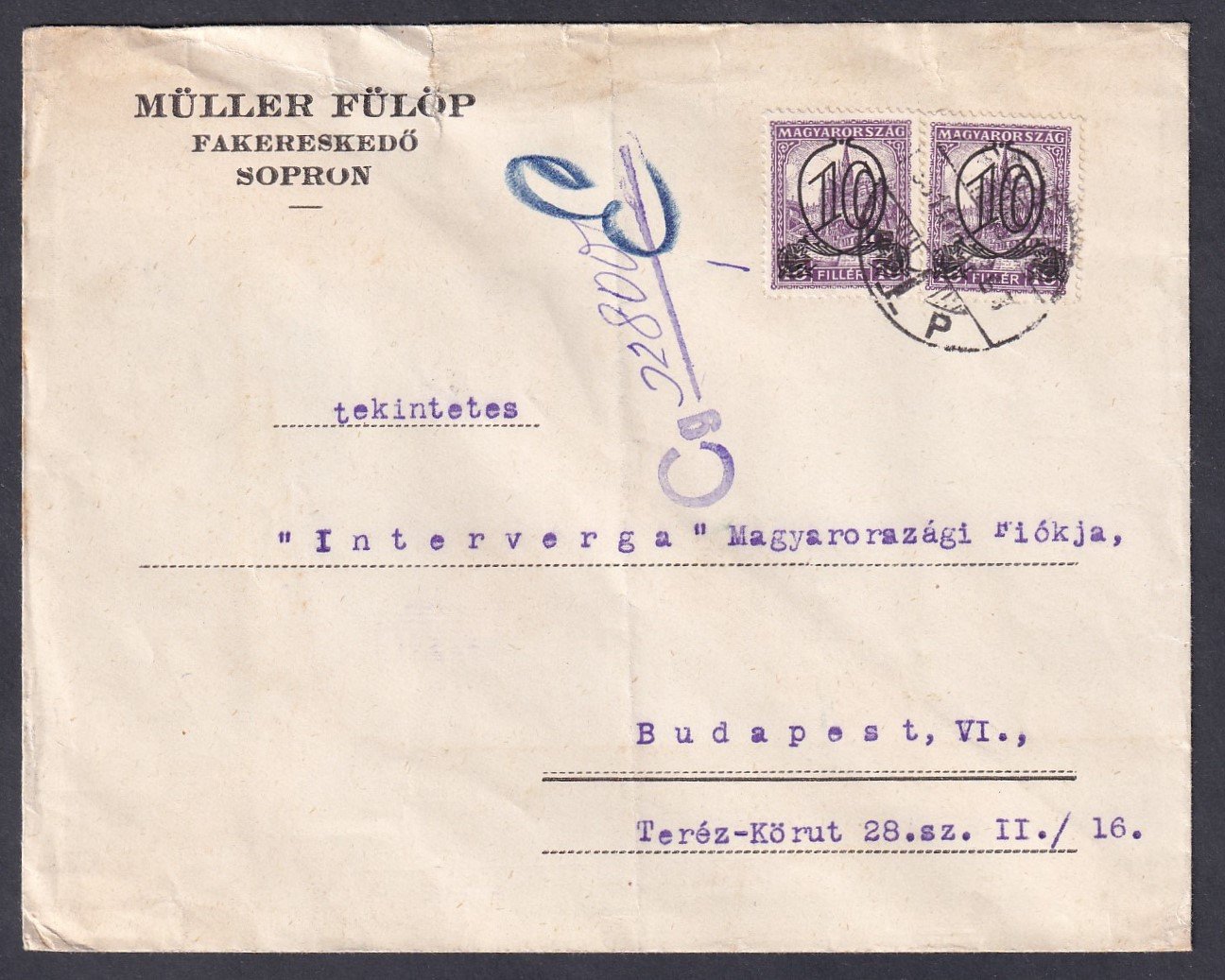 1931. Budapest, helyi levél - kisegítő bélyegekkel bérmentesítve