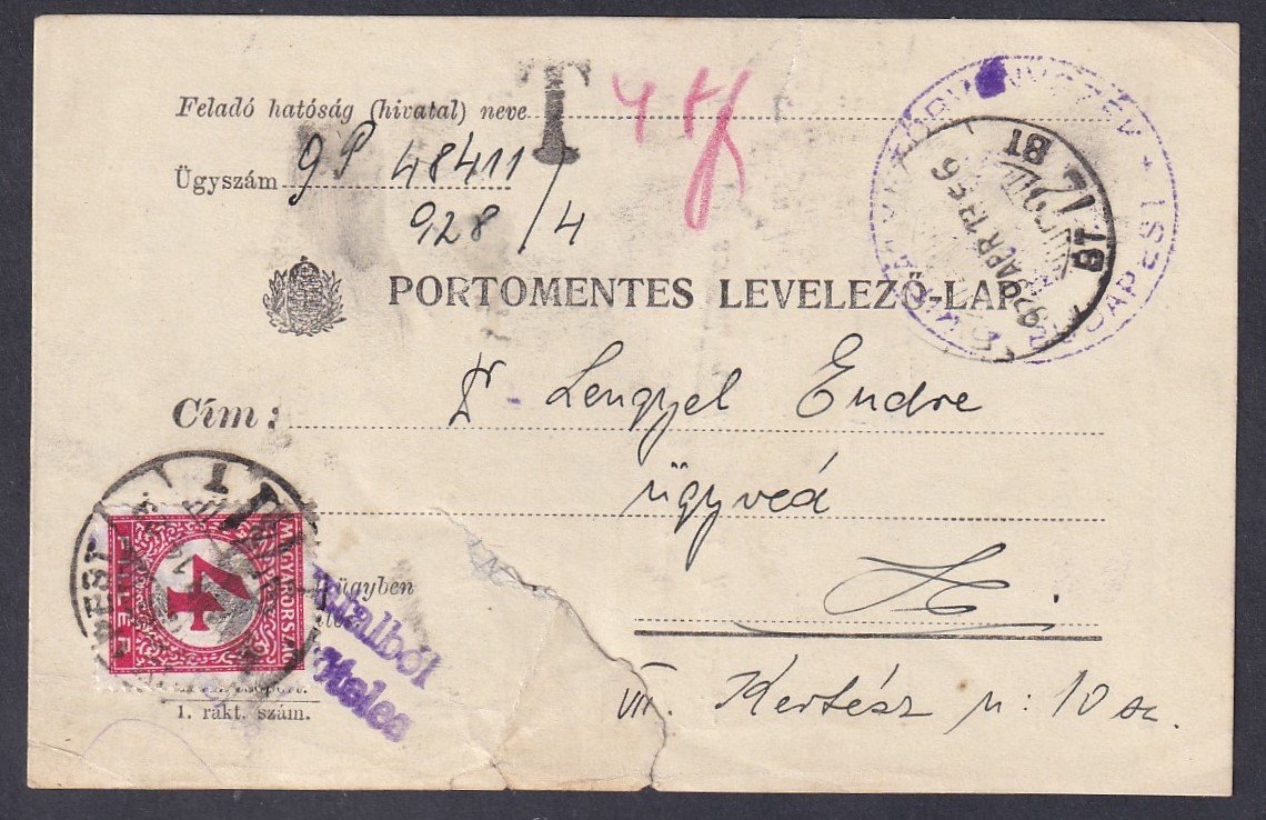 1928, Budapest, helyi portóköteles levelezőlap portómentes lapként, felülnyomással felhasználva. Érdekes darab (kis szakadással).