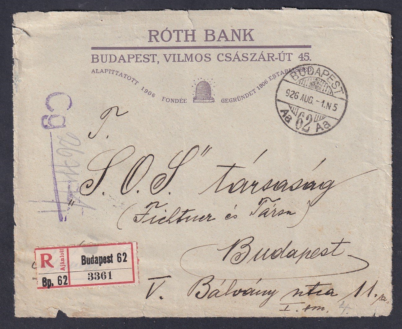 1926. aug. 1. Budapest, helyi ajánlott levél – 20f tarifa türelmi időben felhasznált 2.500 Koronával bérmentesítve - kiállítási célból szétvágva