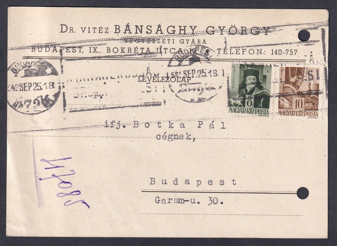1943. Budapest, helyi céges levelezőlap – az előírt 12 fillér helyett 18 filléres bérmentesítéssel (túlbérmentesítve).