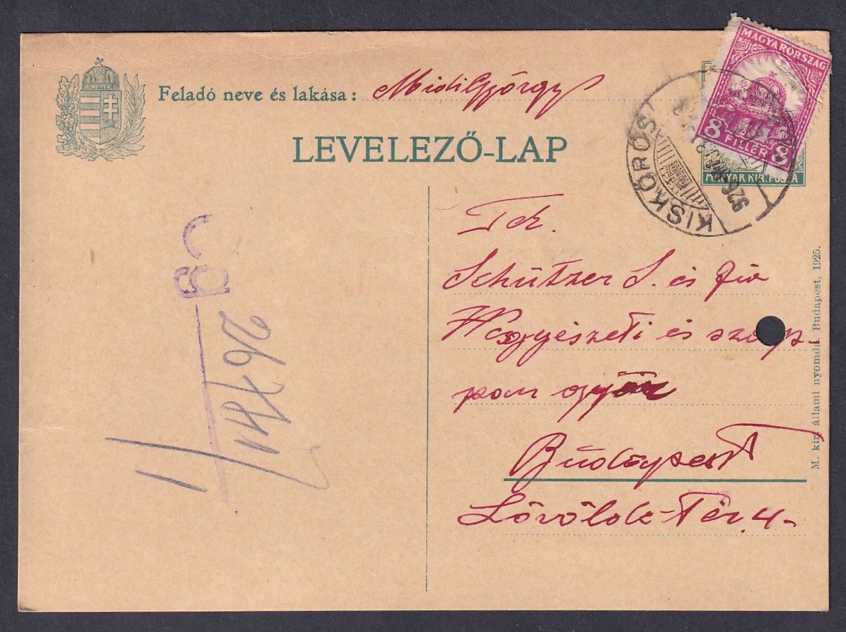 1926. Kiskőrös, Budapestre feladott levelezőlap - álvegyes bérmentesítés már érvénytelen díjjegyes levelezőlapon