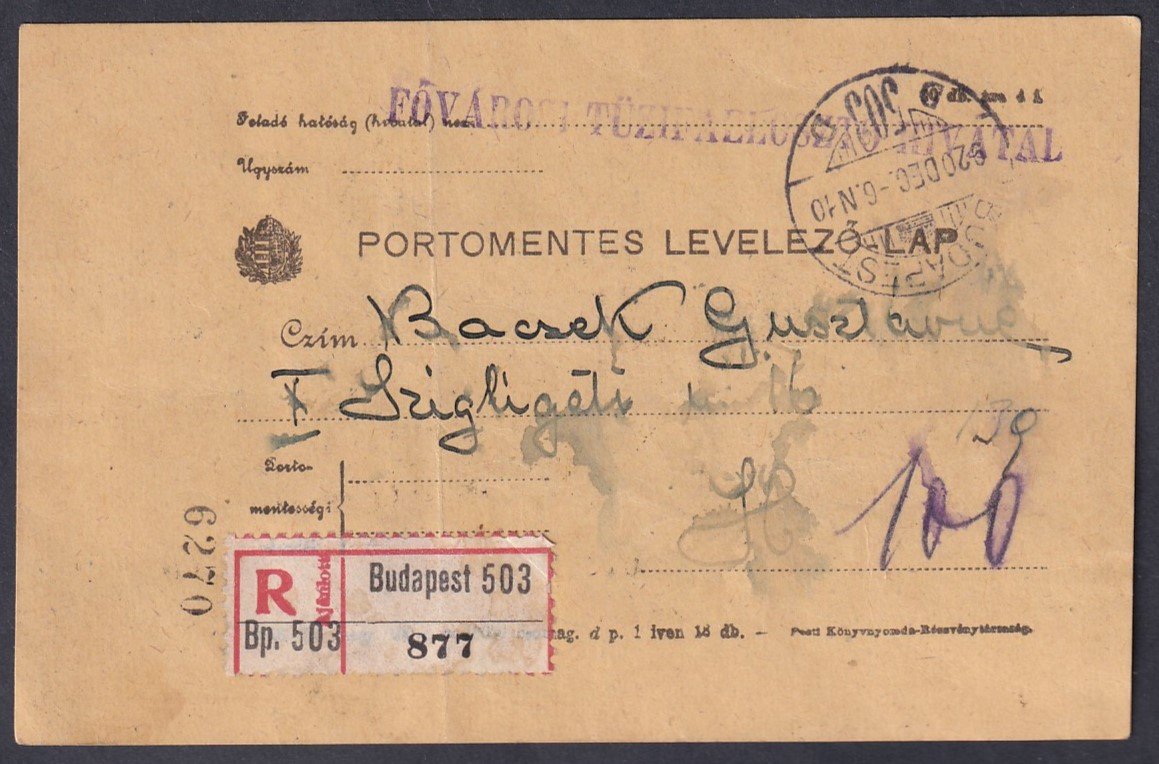 1920. Budapest, helyi ajánlott portómentes levelezőlap - 1 Korona törvénykezési illetékkel