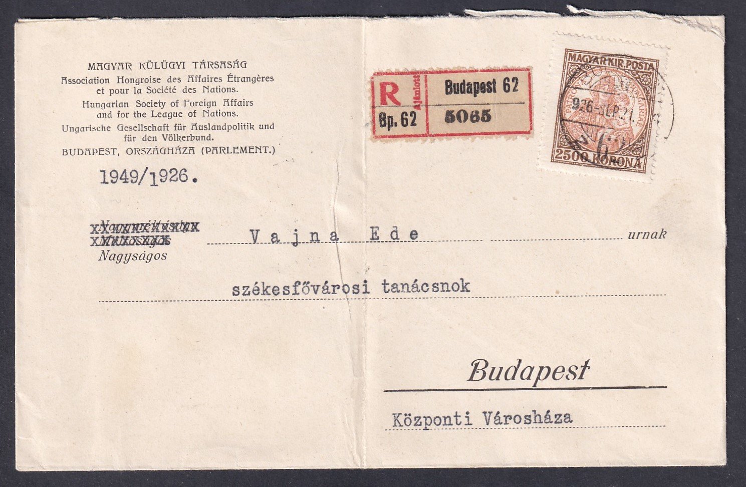 1926. szept. 21. Budapest, helyi ajánlott levél – 20f tarifa türelmi időben felhasznált 2.500 Koronával bérmentesítve
