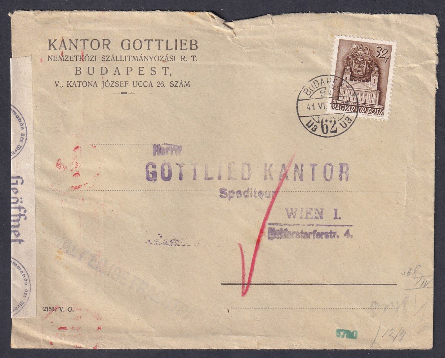 1941. Budapest, Bécsbe feladott cenzúrázott levél - INHALT: EILIGE FRACHTPAPIERE”  (Tartalom: sürgős fuvarokmányok) gumi bélyegzéssel