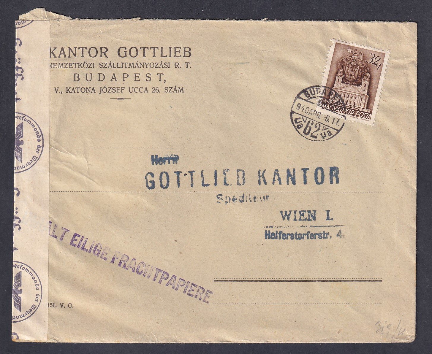 1940. Budapest, Bécsbe feladott cenzúrázott levél