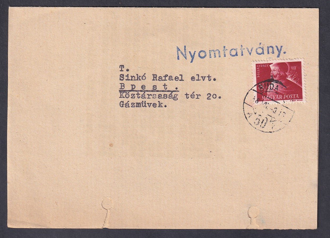 1948. Budapest, helyben feladott nyomtatvány - teljes tartalommal