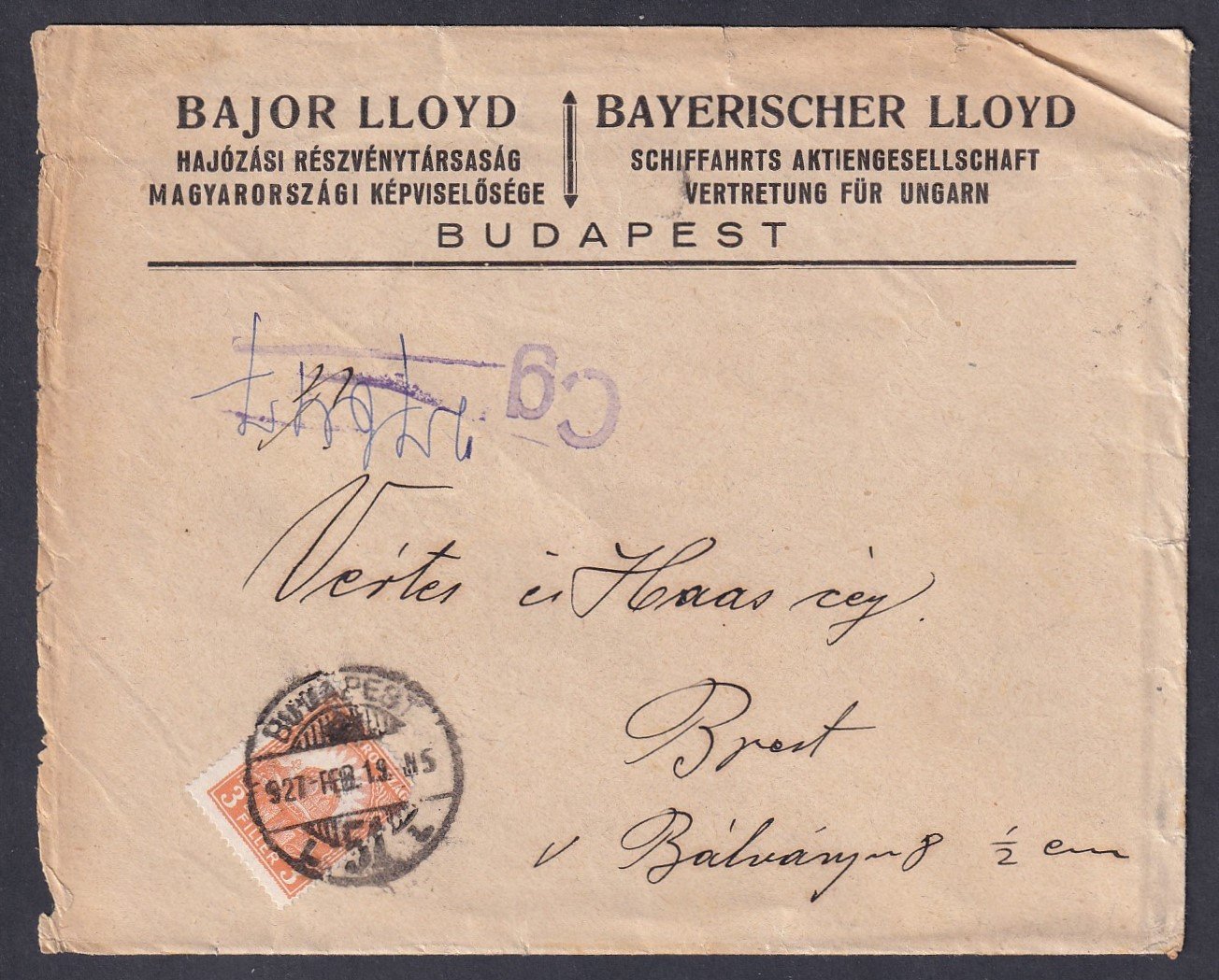 1927. Budapest, helyben feladott céges nyomtatvány boríték