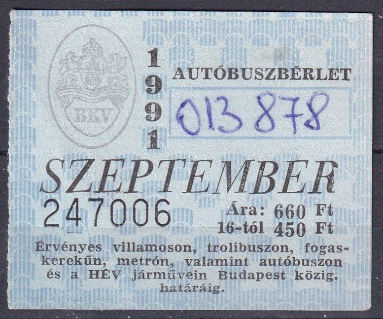 1991. BKV - Autóbuszbérlet - Szeptember
