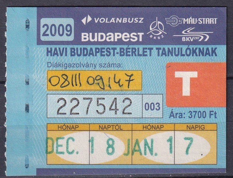 2009. Havi Budapest bérlet tanulóknak
