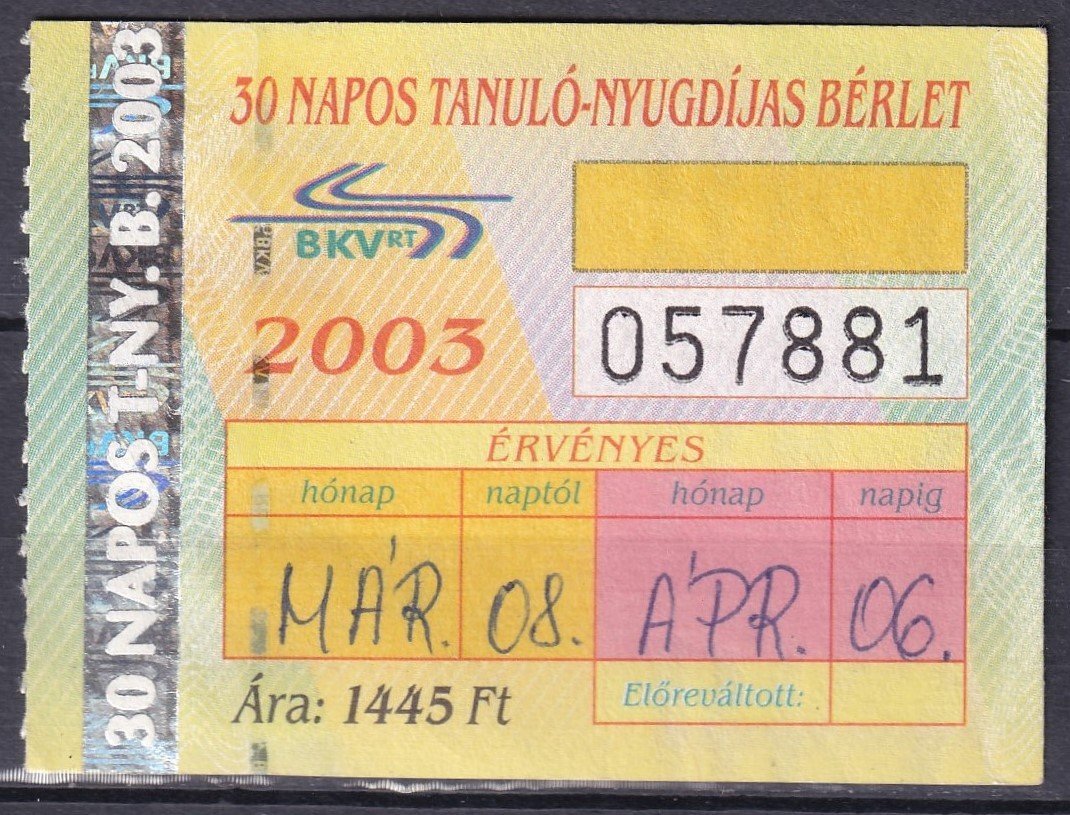 2000. BKV. 30 napos tanuló-nyugdíjas bérlet - 1445 Ft
