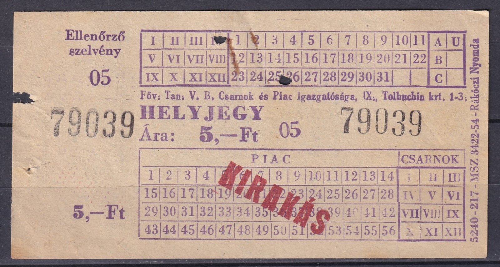 '80-as évek, - Budapest, piaci helyjegy