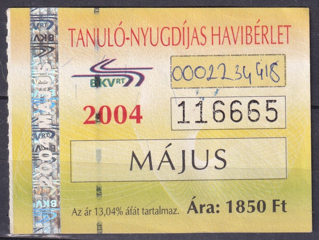 2004. BKV. Tanuló-Nyugdíjashavibérlet - Május