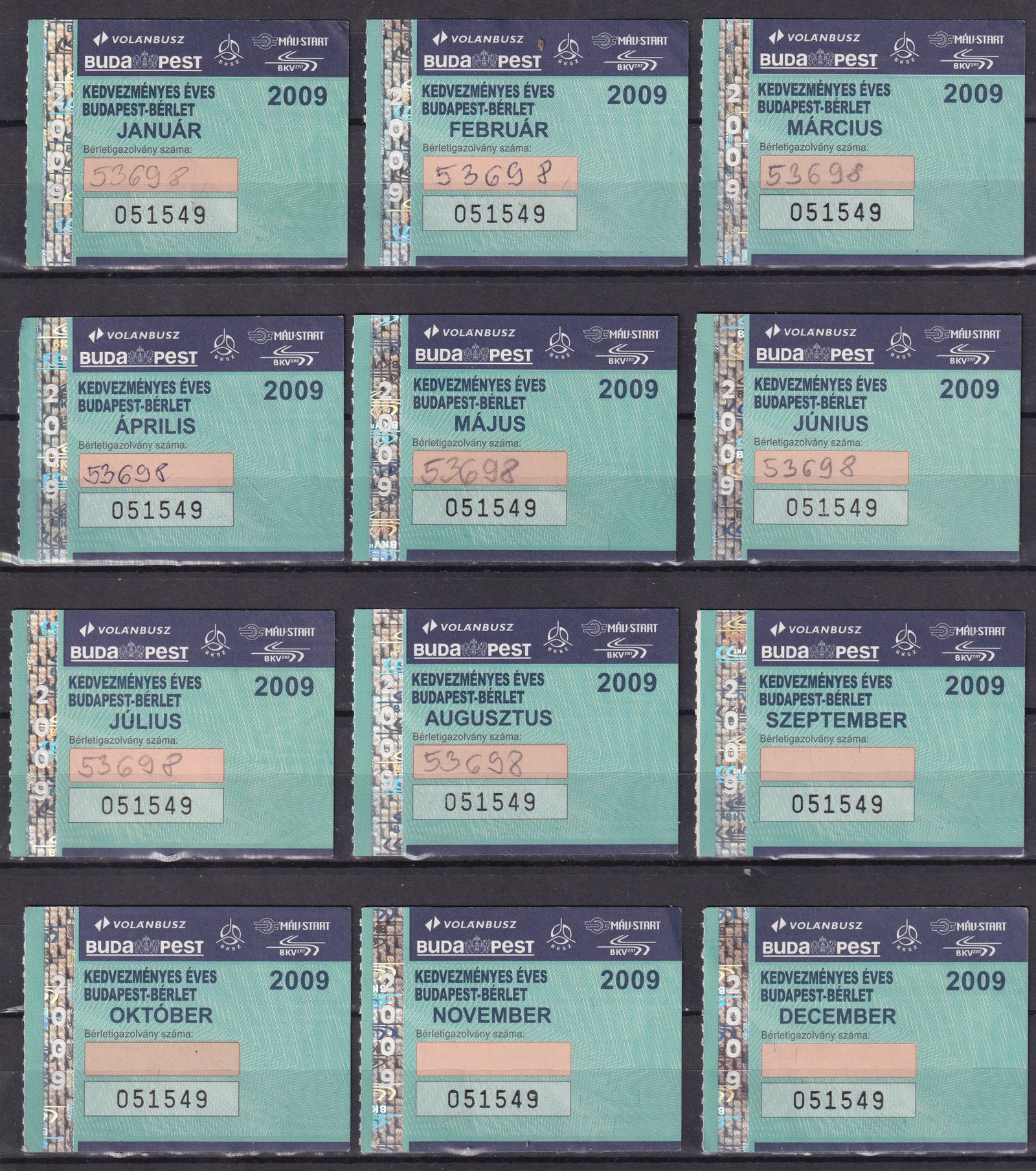 2009-es kedvezményes éves Budapest-bérlet teljes, 12 havi szelvénysora az egyszerre megvásáróét bérletfüzetek igen ritkák az ára 107.000 Ft volt