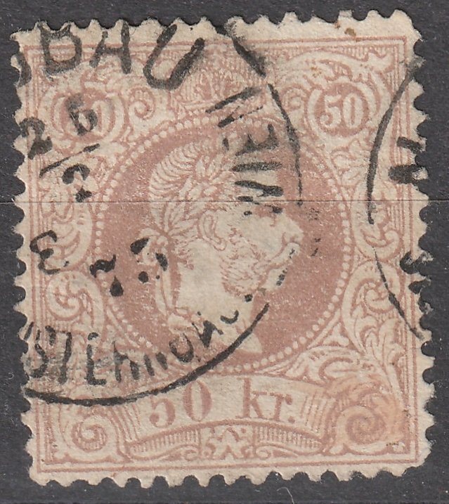 1874/83. Ausztria 50kr /barna/ – 12-es sorfogazással – ANK: 225 Euro (elvékonyodás)