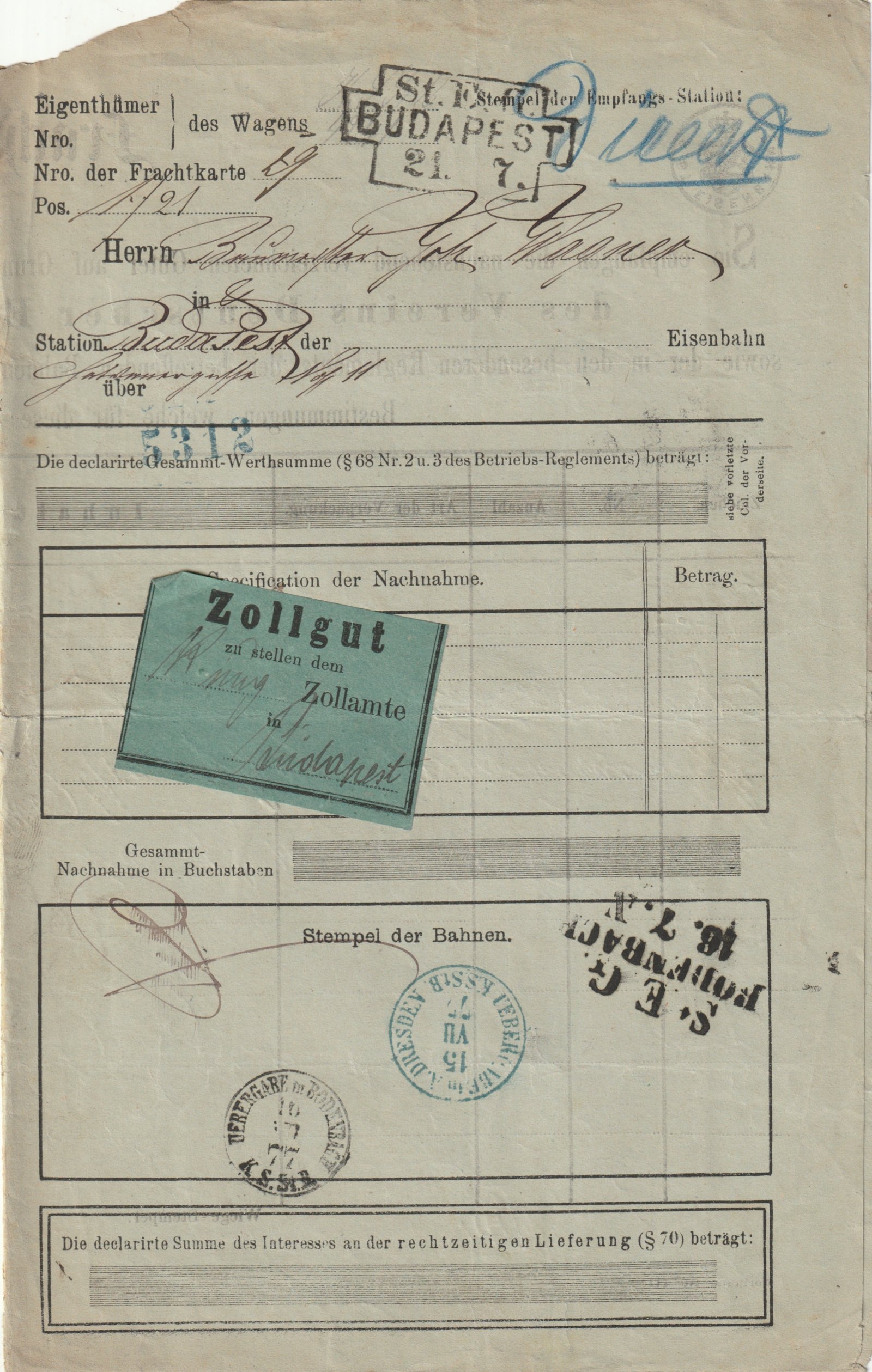 1877. nemzetközi vasúti fuvarlevél vámárunyilatkozattal – teljes irategyüttes