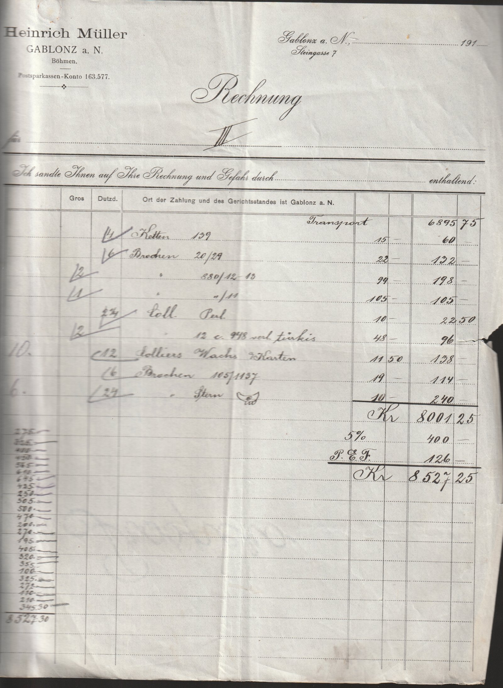 1918. Kereskedelmi számla (Rechnung), Gablonz–Budapest