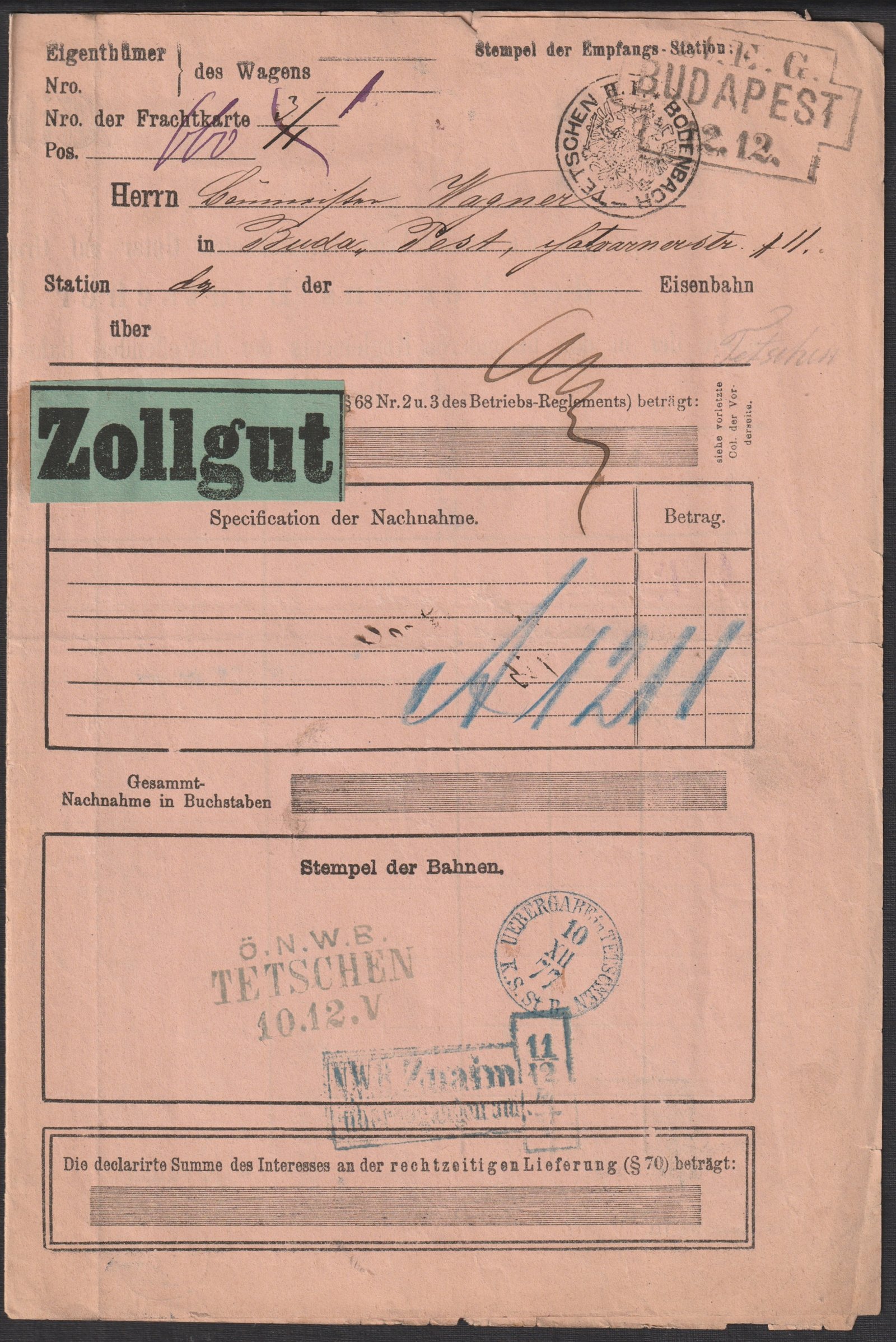 1877. nemzetközi vasúti fuvarlevél vámárunyilatkozattal – teljes irategyüttes.