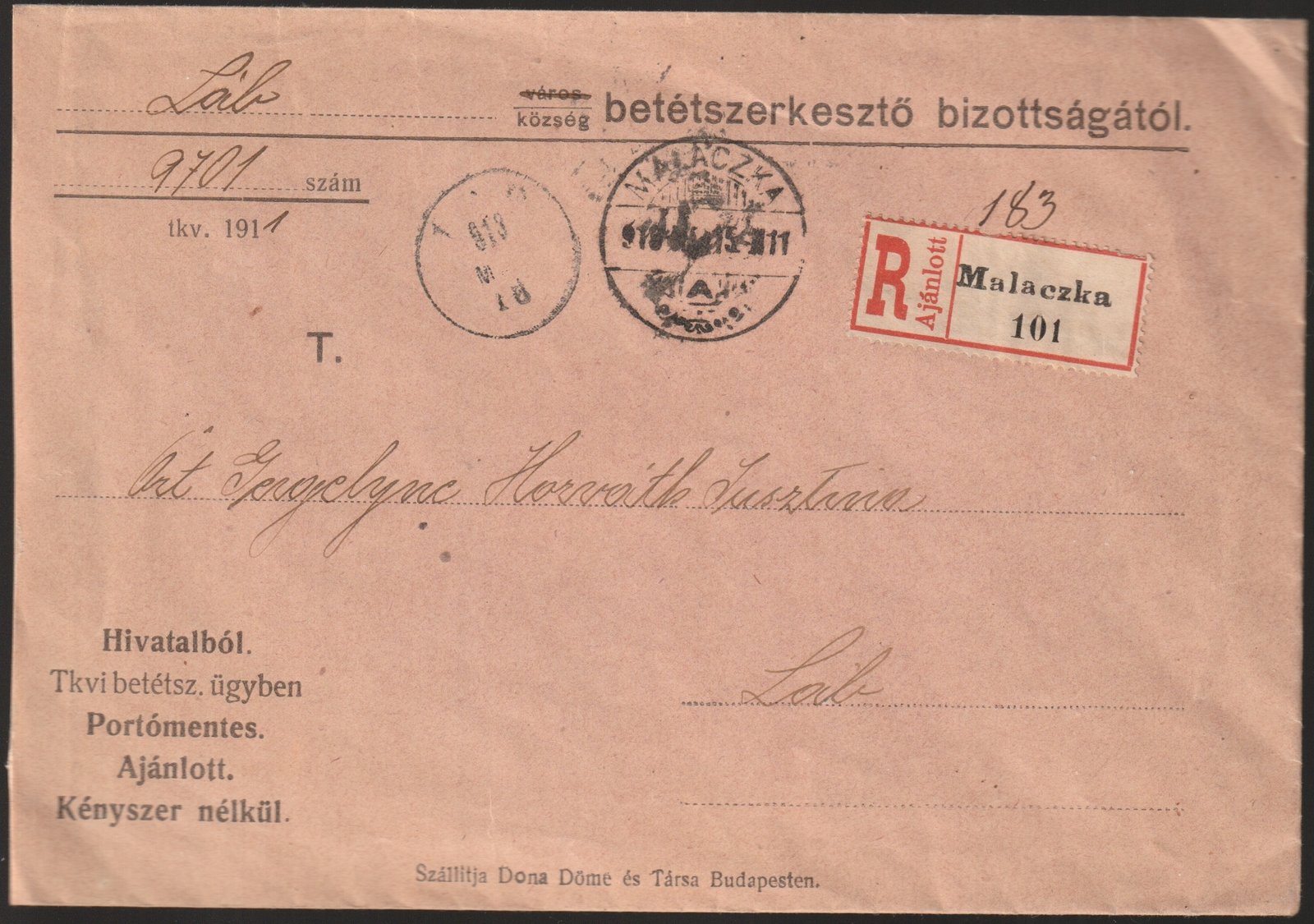1911. Malaczka, Tabra feladott portómentes ajánlott levél