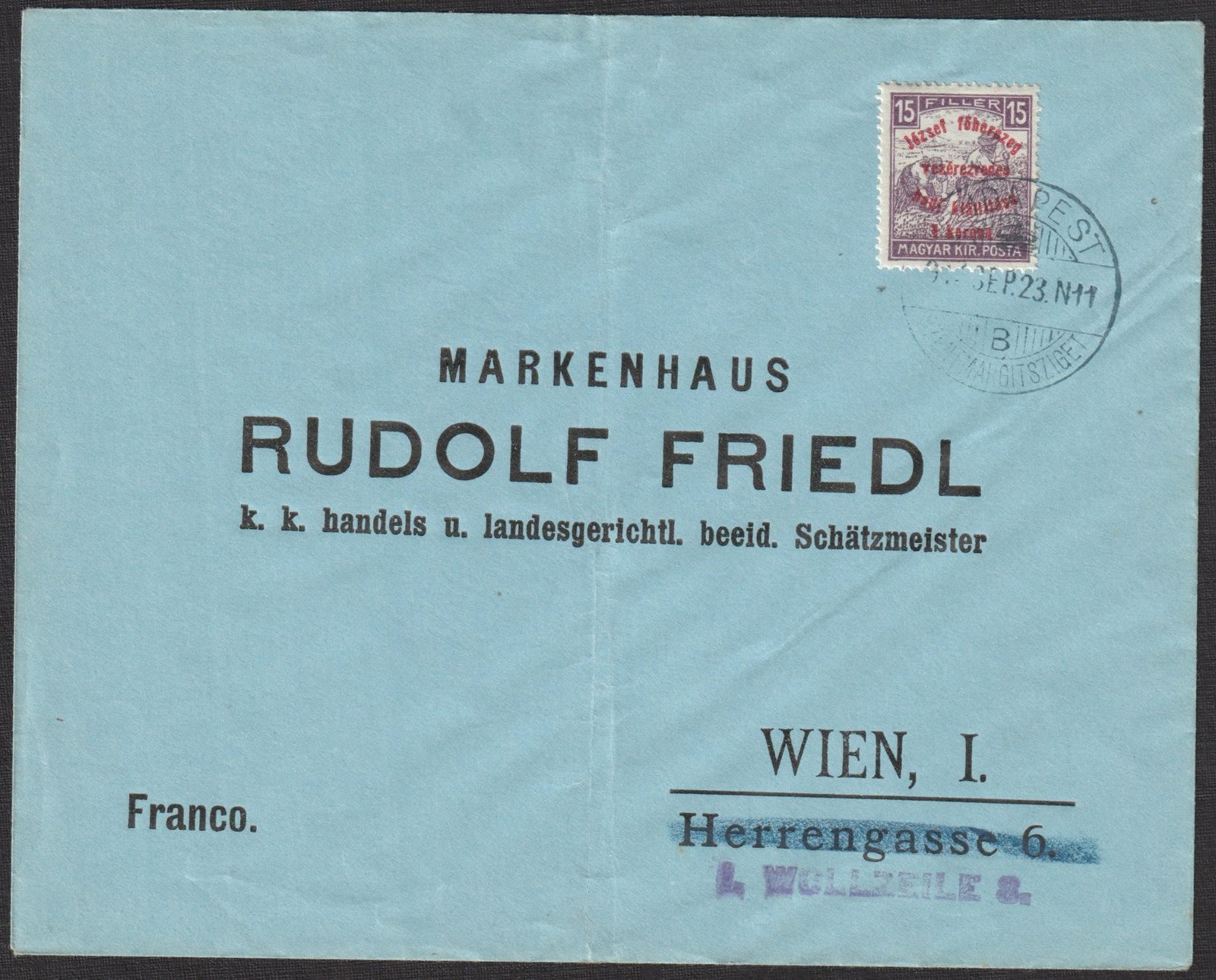 1917. Margitszigeti hadi kiállítás 15 filléres - alkalmi bélyegzéssel, Bécsbe feladott céges levélen
