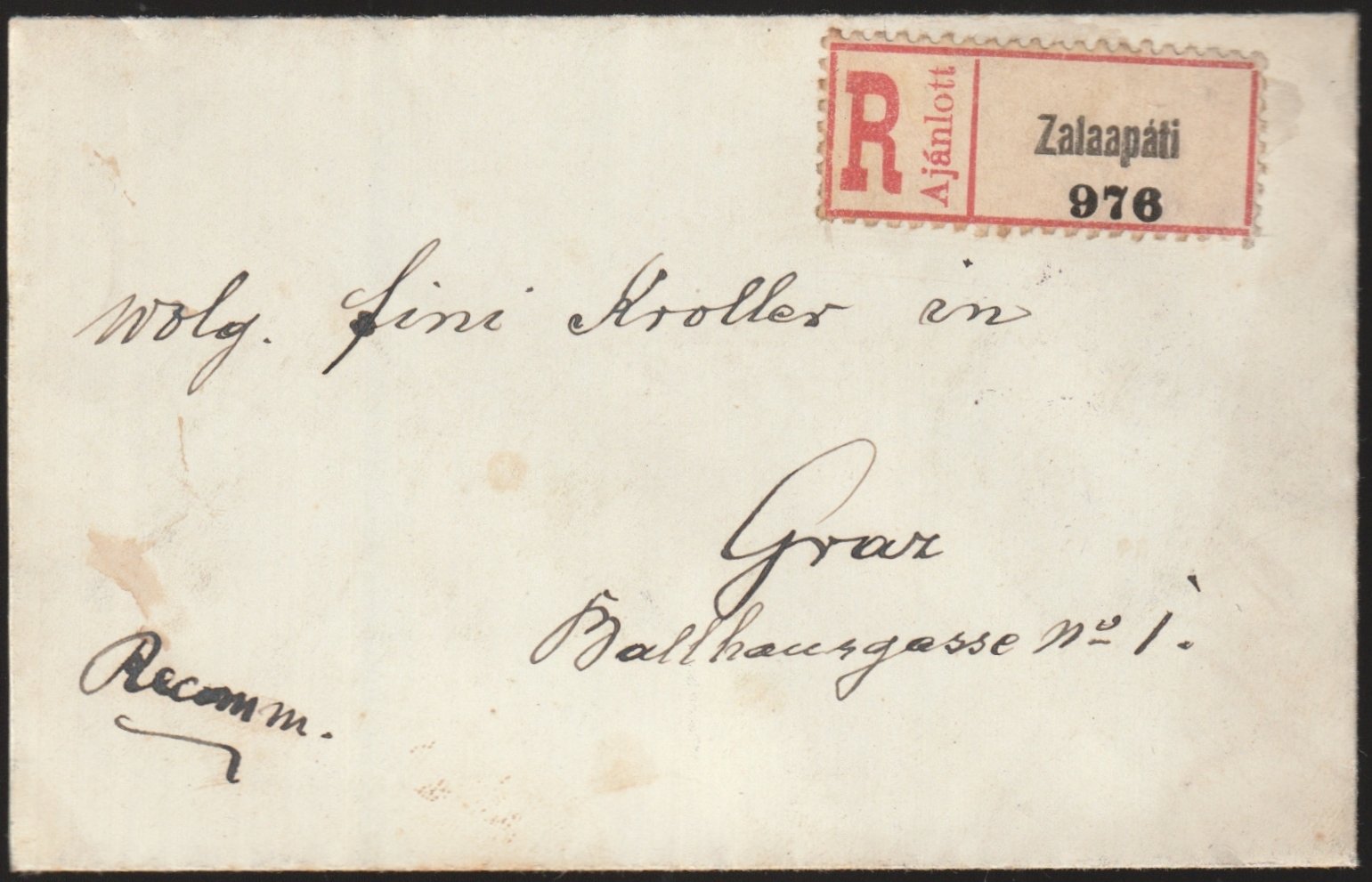 1918. Zalaapáti, Bécsbe feladott, kisalakú ajánlott levél