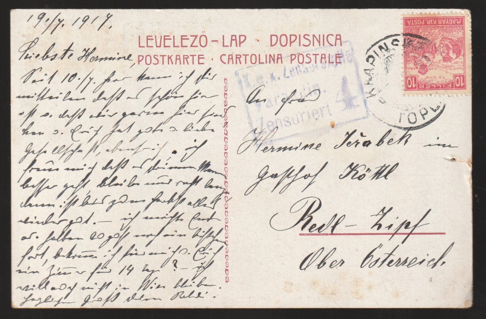 1914. Krapinske Toplice, Ausztriába feladott cenzúrázott képeslap