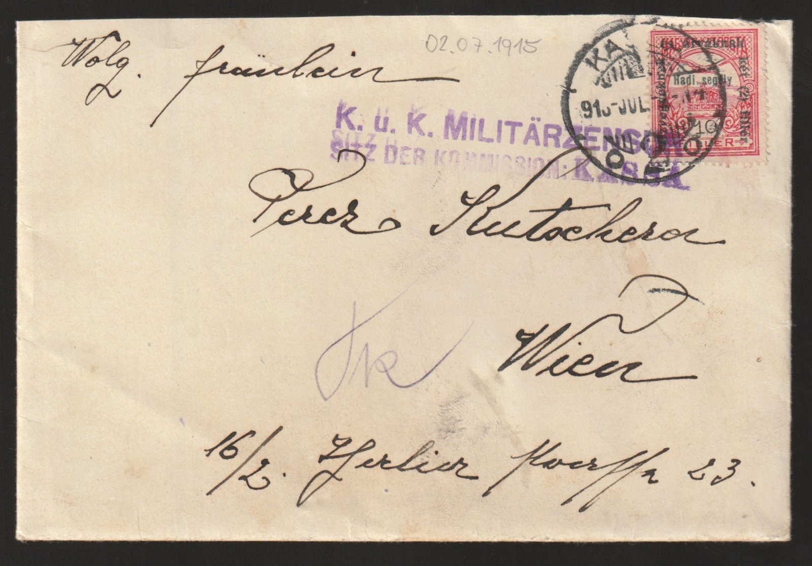 1915. Kassa, Bécsbe feladott cenzúrázott levél- feláras Hadisegély 10f bélyeggel- teljes levéltartalommal!
