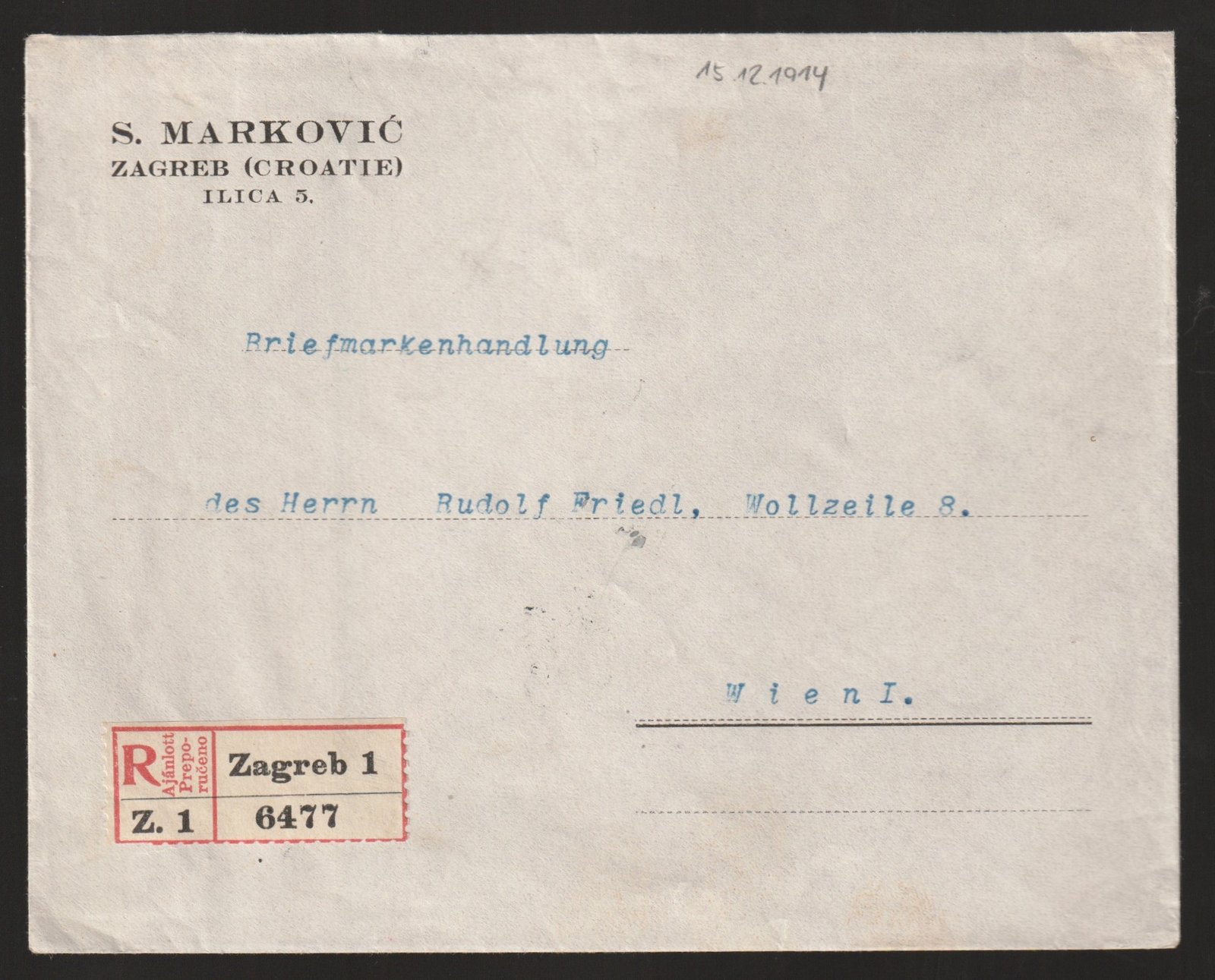 1914. Zagreb, Bécsbe feladott ajánlott levél, színes vegyes Turulos (feláras) díjlerovással