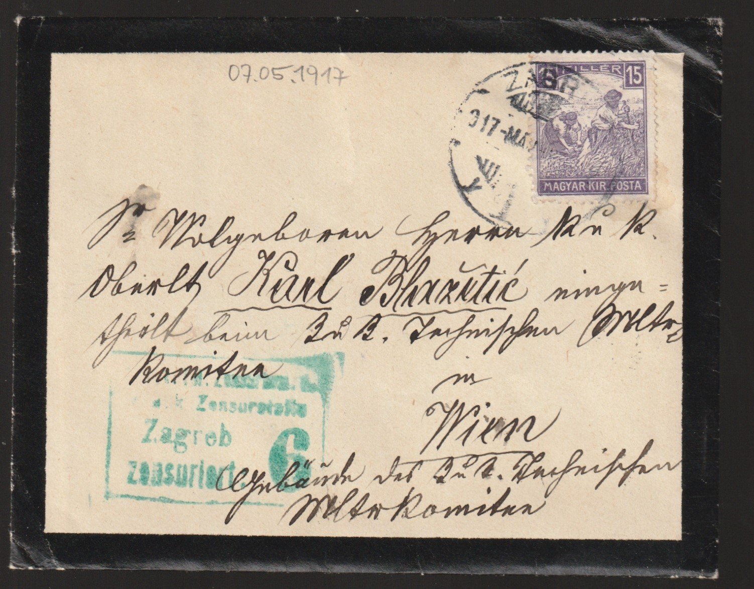 1917. Zagreb, Bécsbe feladott cenzúrázott levél, teljes tartalommal