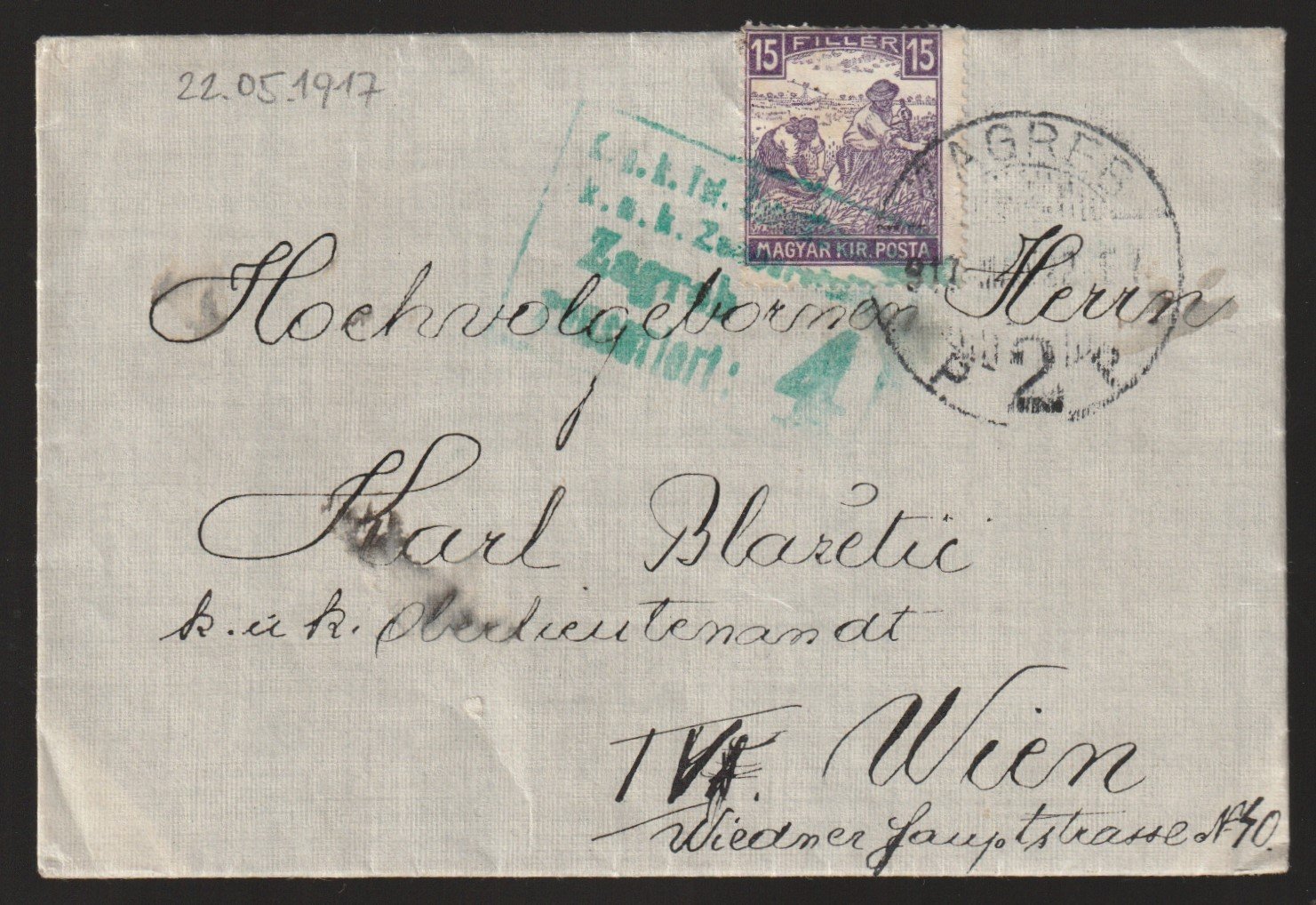 1917. Zagreb, Bécsbe feladott, kisalakú-cenzúrázott levél, teljes tartalommal