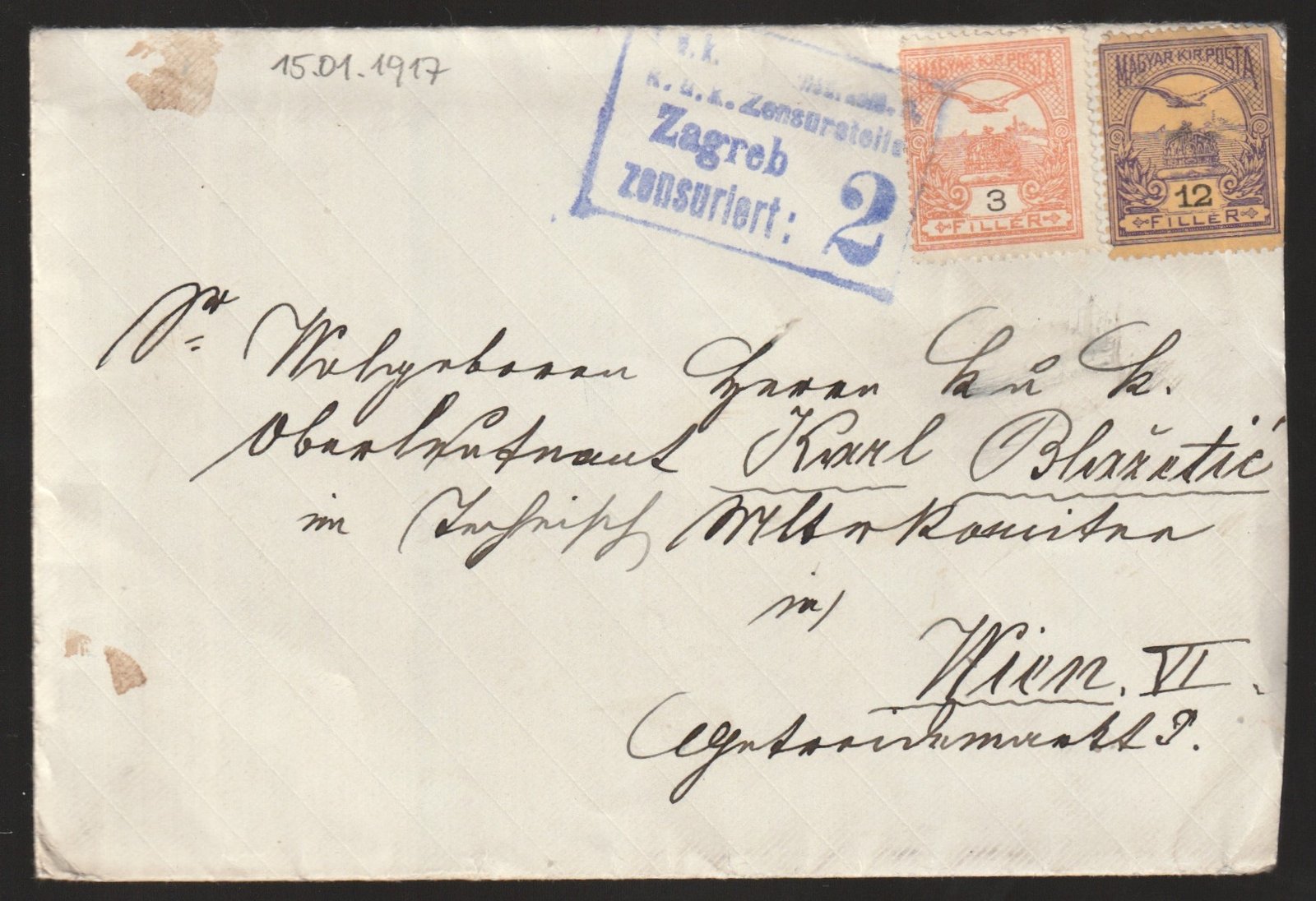 1917. Zagreb, Bécsbe feladott cenzúrázott levél, teljes tartalommal