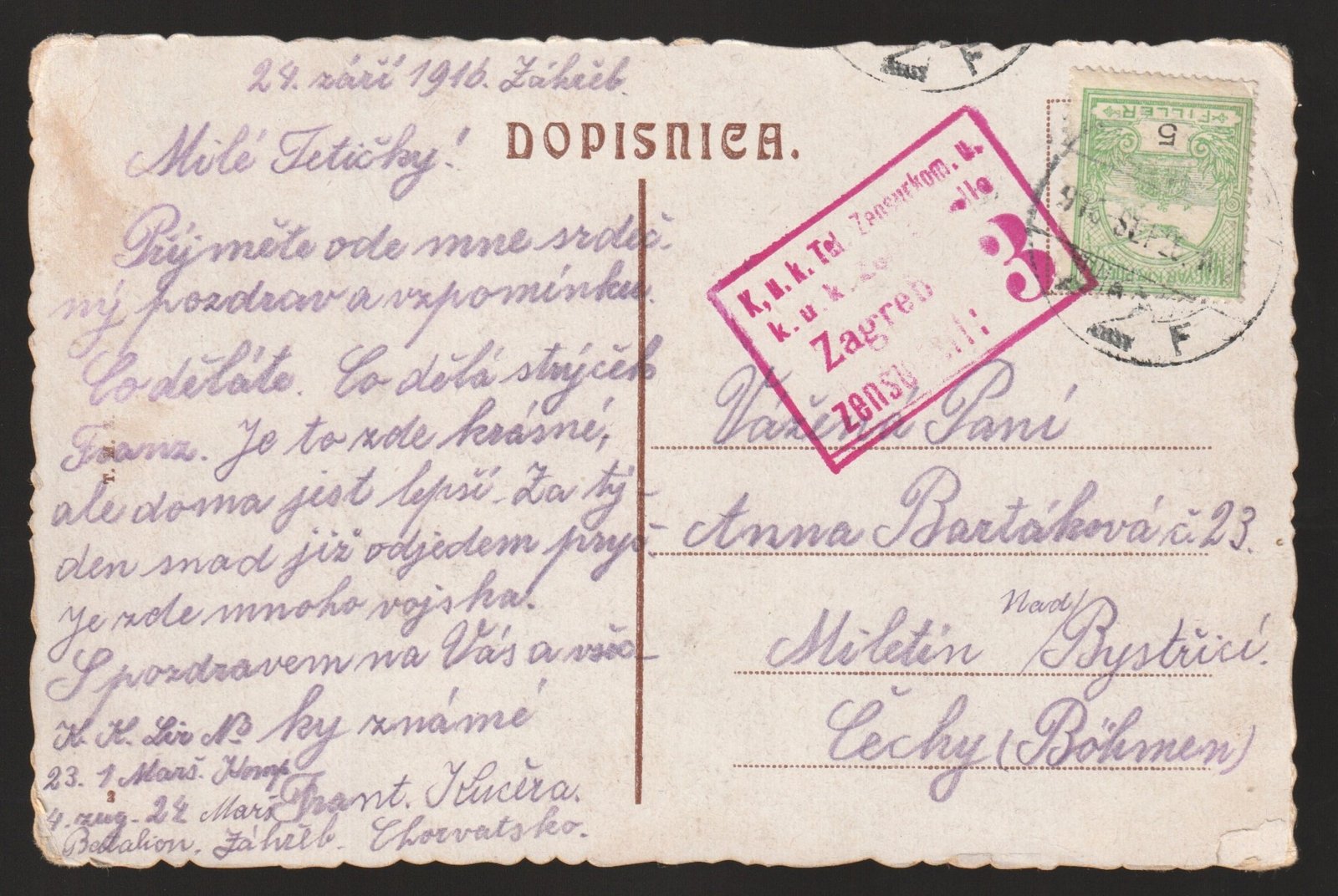 1916. Zagreb – Cenzúrázott tábori képeslap Csehi (Böhmen)-be feladva