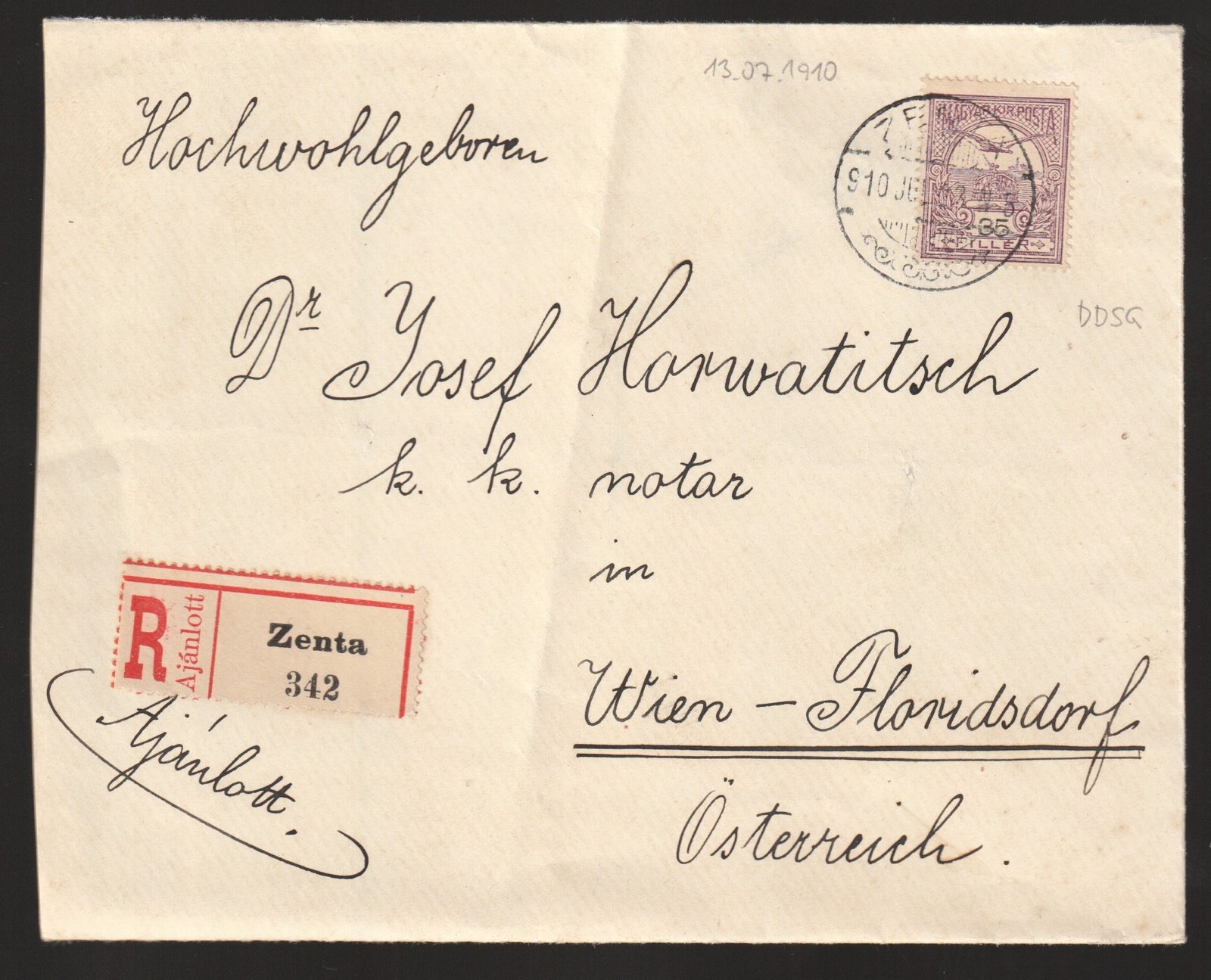 1910. Moysilov Nicolaus, Steuermann, DDSG (Schlepp Nr. 65139), Zenta, Dr. Josef Horvathitsch, k. k. Motor, Wien-Floridsdorf (Österr.). Zenta, Wien-Floridsdorf-ba feladott ajánlott levél